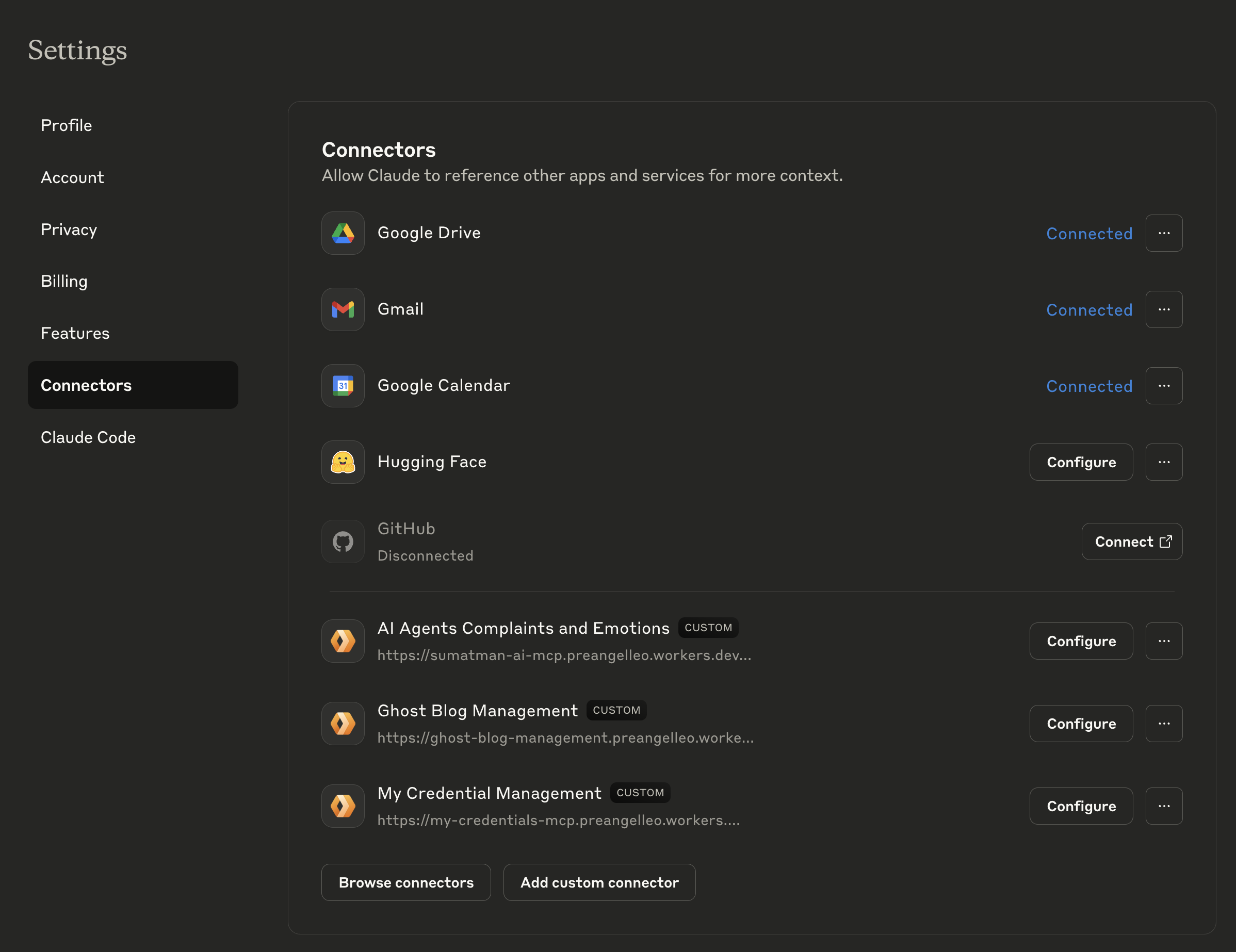 Claude Web Connector Settings